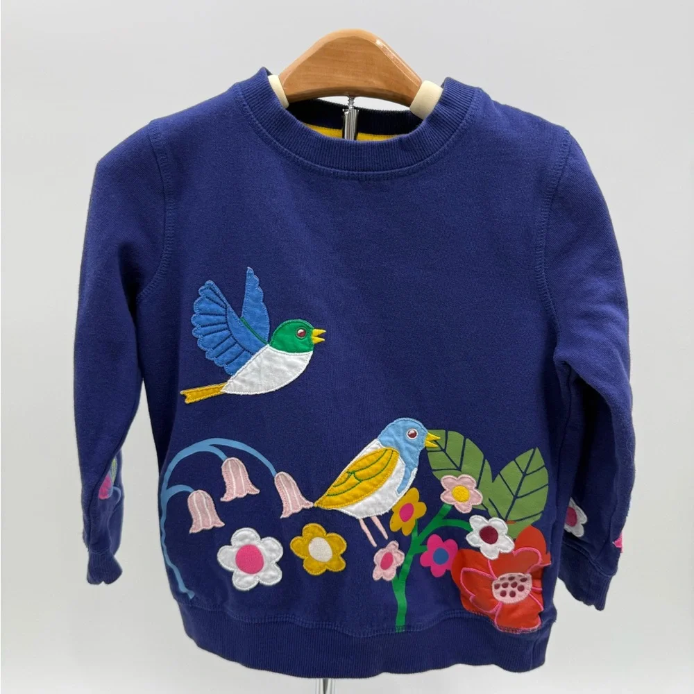 Mini Boden Girls Blue Embroidered Bird Floral Sweatshirt Size 6-7Y Cotton Spring - Picture 1 of 10
